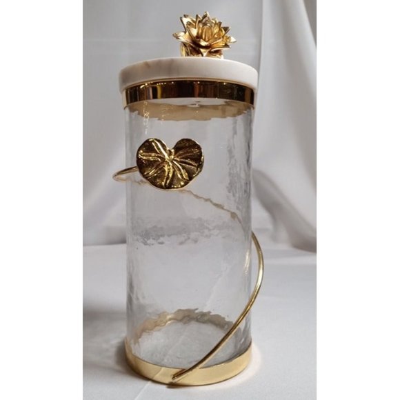 Canister with Gold Heart Detail and Real Marble Lid/Flower Knob 8 & 3/4" Tall - Picture 4 of 10